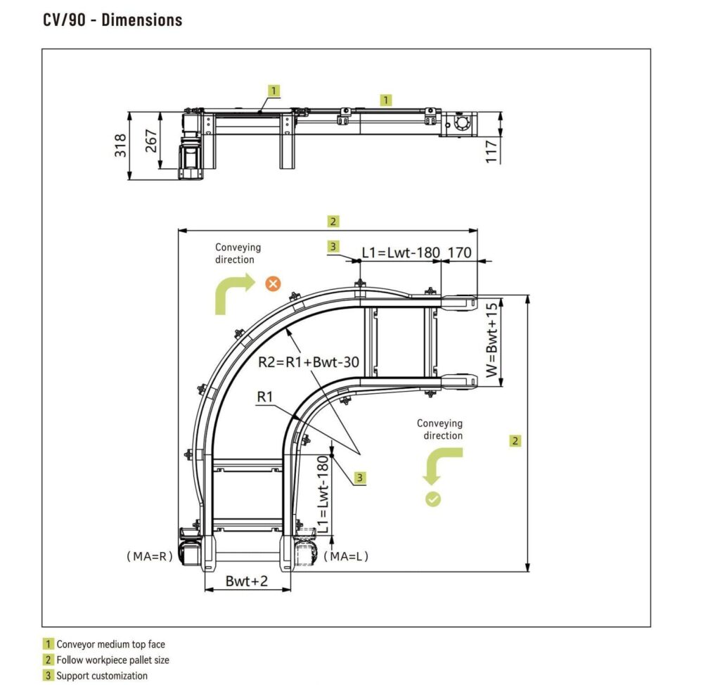 Cv/90 Degree Flat Top Chain Conveyor Curve 1 Dimensions v90 2 flat top chain conveyor curve - 1